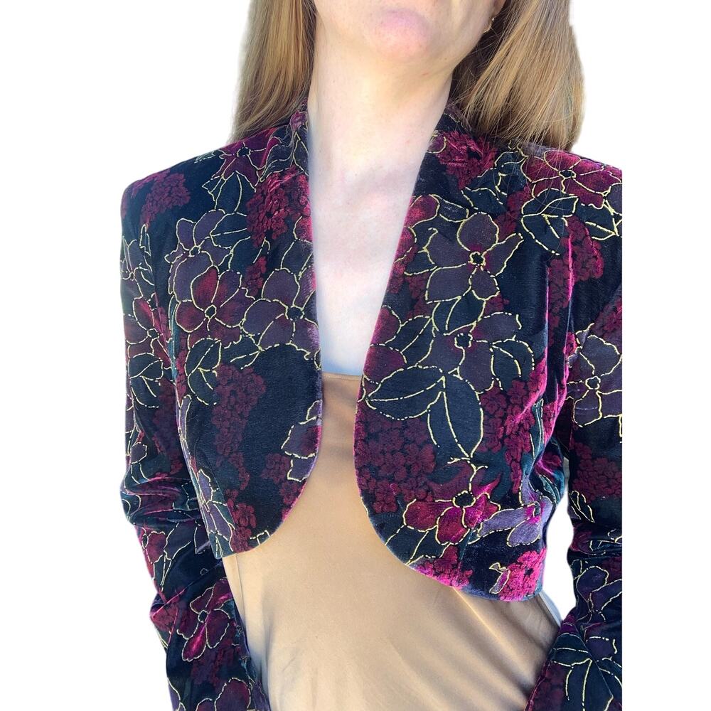 Vintage Bolero Velvet Floral Dramatic Jacket Womens M 90s Party Cropped Funky